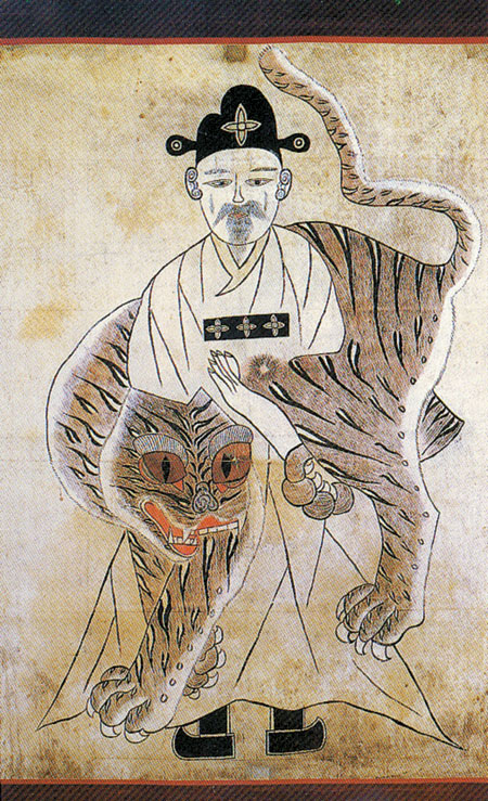 韓国の民芸絵画 虎とカササギ 1980 ミンファ「虎とカササギ」：19世紀韓国の古典民画、アンティーク
