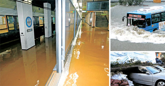 写真１：浸水したソウル地下鉄４号線の新竜山駅。京畿道富川市梧亭区新興洞の京仁高速道路富川ＩＣの下の道路。