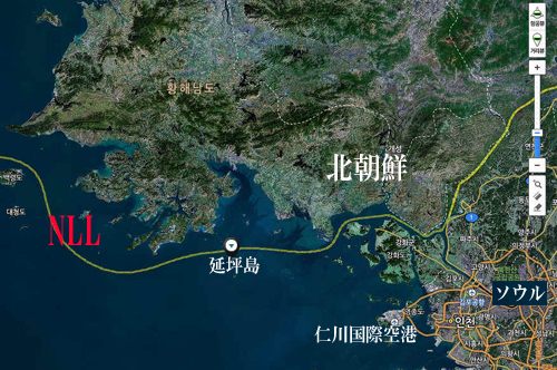 インターネットポータルサイトのネイバーの衛星写真で見た延坪島の位置。