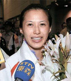 ２２日、帰国インタビューで「台湾の国民が反韓感情を抱かないことを望む」などと話した楊淑君選手。