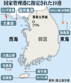 国家管理港に指定された１０港（資料＝国土海洋部）。