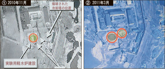 昨年１１月の寧辺（ニョンビョン）の実験用軽水炉工事現場の様子と、今年３月の同地の様子（写真＝ＫＢＳ）。