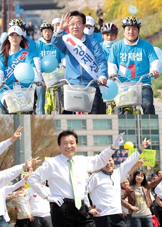 ハンナラ党候補の姜在渉（カン・ジェソプ、写真上）と民主党候補の孫鶴圭（ソン・ハッキュ）。