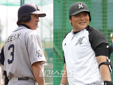 李承ヨプ（イ・スンヨプ、オリックス、左）と金泰均（キム・テギュン、千葉ロッテ）。