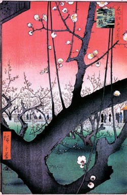 絵＜１＞－１　亀戸梅屋舗－名所江戸百景から（１８５７）、歌川広重（１７９７－１８５８）作、木版画。