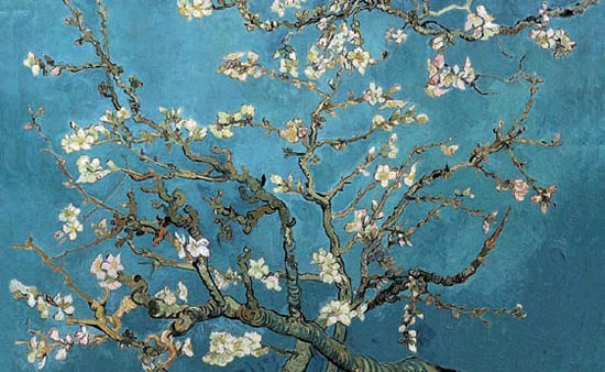 絵＜２＞（下）花咲くアーモンドの枝（１８９０）、ゴッホ作、ゴッホ博物館、アムステルダム。