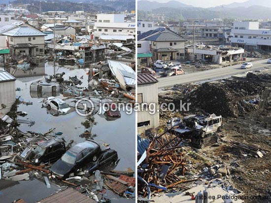 東日本大地震発生当時と３カ月後を比較した写真。