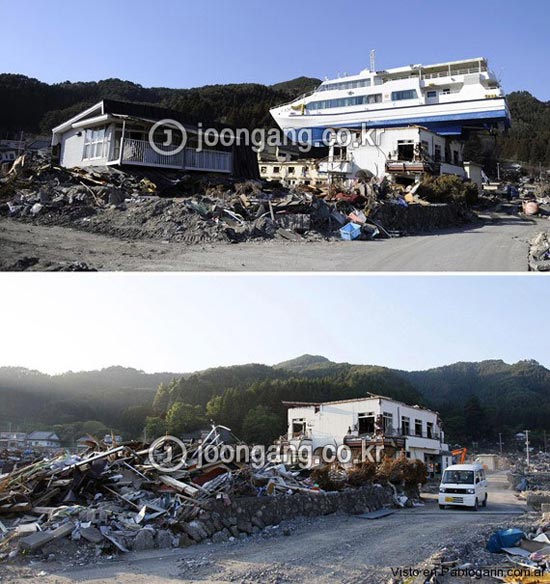東日本大地震発生当時と３カ月後を比較した写真。