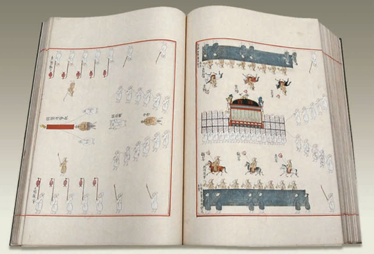 「荘烈王后国葬都監儀軌」（上巻）。 １９６８年（粛宗１４）、御覧用（王室所用）、唯一本。 仁祖の継妃、荘烈王后（１６２４－１６８８）の国葬を記録した儀軌。  繊細に表現された絵から当代最高の画家が描いたのが分かる。