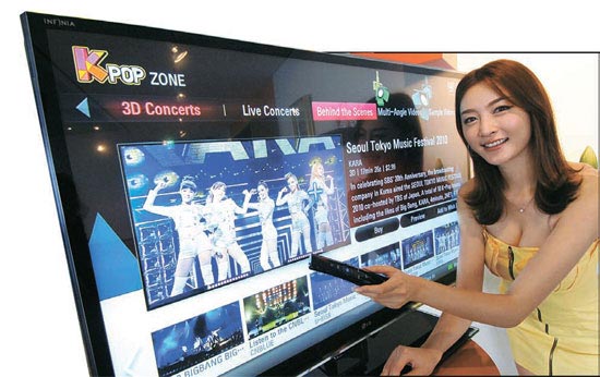 女性モデルがＬＧ電子のシネマ３Ｄスマートテレビに含まれた非公開韓流コンテンツ（Ｋ－ＰＯＰ）を見せている。