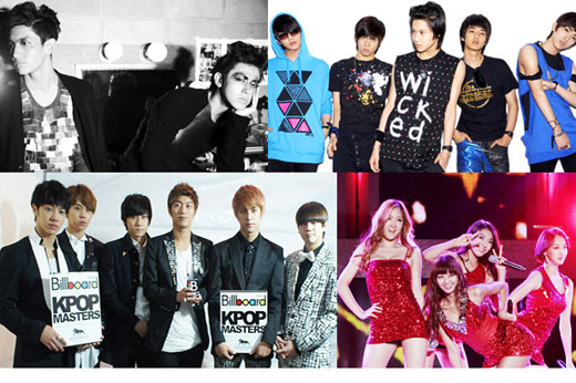 上段左から東方神起、ＳＨＩＮｅｅ（シャイニー）、下段左からＢＥＡＳＴ（ビースト）、ＳＩＳＴＥＲ（シスター、写真＝ビルボードコリア提供）。