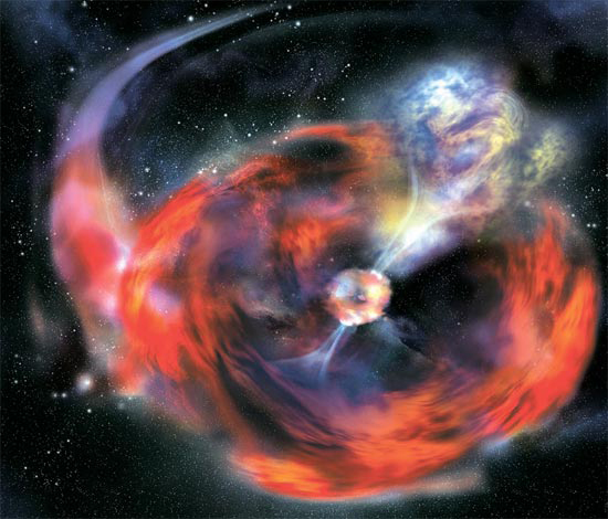 ガンマ線爆発想像図。外側に広がった赤い部分は、上の部分から浸透した中性子星が散らした星の大気で、内側の中央はヘリウムで形成された星の中心核と中性子星が衝突しながら（点線の部分）いくつかの物質がたばこの煙のように広がる姿（写真＝米ソノマ州立大提供）。