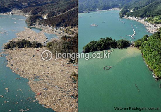 東日本大地震発生当時と３カ月後を比較した写真。