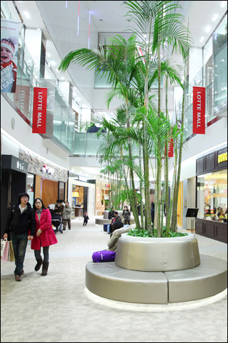 コンセプトは都会の中で人と自然が共存できるスペース作り。モール周辺には生態公園が整備され、モール内は太陽光が入るように設計されており、休憩スペースやインテリアには植物が多く、室内にいながら森の中を歩いているような気分を楽しむことができます。