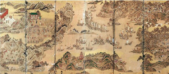 辰・丁酉倭乱の最後の年の１５９８年に起きた露梁（ノリャン）海戦などを描いた屏風絵「征倭紀功図屏（倭を征伐した功を記念した屏風絵）」（写真＝国立中央博物館提供）。