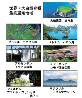 「世界７大自然奇観」最終選定地域（資料＝「ニューセブンワンダーズ（Ｎｅｗ　７　Ｗｏｎｄｅｒｓ）」財団）。