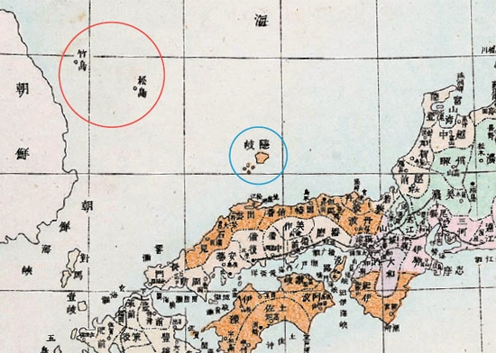 １８９２年に日本で制作された「大日本国全図」の一部。島根県付近の隠岐島（青丸の中）を含めて茶色など色を付けて日本領土を表示しているが、鬱陵島（ウルルンド）と独島（ドクト、日本名・竹島）には色がない（写真＝東北アジア歴史財団）。