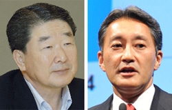 具本俊（ク・ボンジュン）ＬＧ副会長（左）と平井一夫ソニー社長（右）。