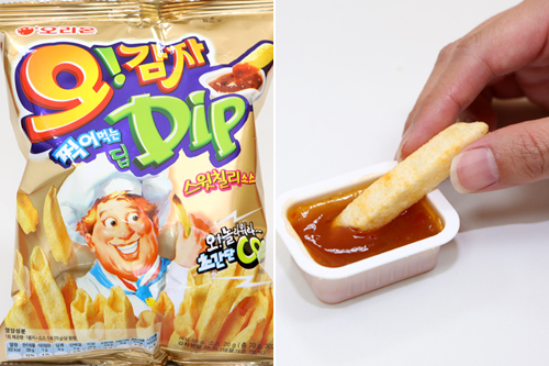 1999年の発売以来ロングセラーの「オー！カムジャ」は、東方神起のユンホが好きなお菓子としても有名。中が空洞のスティックポテトで、付属のソースをつけて食べます。最近では「オー！カムジャ」を使用したスープやグラタンなどのアレンジメニューも紹介されています。