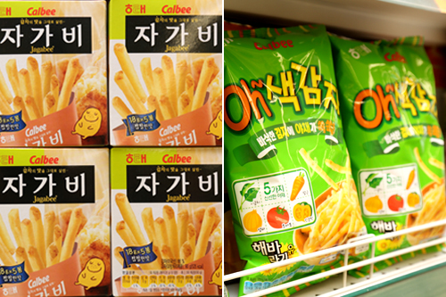 2011年日本のカルビーと韓国のヘテ製菓が合弁会社を設立したことで、日本でも人気の「じゃがビー」(左)や「サッポロポテトつぶつぶベジタブル」(右)が韓国でも製造・販売。特にじゃがビーは、さくさくして香ばしく、フライドポテトのようだと韓国でも人気です。