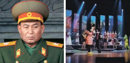 １５日に失脚した北朝鮮の李英鎬（リ・ヨンホ）軍総参謀長（写真左）と１１日にテレビで放送された牡丹峰（モランボン）楽団のミッキーマウスのダンス（右）。北朝鮮の変化を予告するような対照的な写真だ。