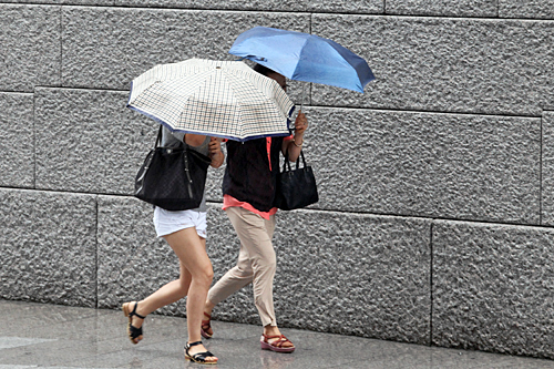 小雨だった雨あしが急に強まったり、風が吹き荒れて暴風雨のようになることも。傘をしっかり押さえながら、小走りで通り過ぎていく人の姿も見かけます。