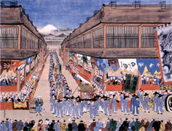 朝鮮通信使一行を歓迎する江戸の市民。１７４８年の絵（写真＝神戸市立博物館所蔵）。