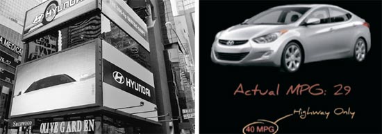 米国の中心地ニューヨークのタイムズスクエアに広告（右）をしながら米国市場でのシェアを拡大した現代自動車が燃費誇張という問題にぶつかった。左は現代「アバンテ」（米国名・エラントラ）の燃費が誇張されたという内容を盛り込んだ米消費者団体コンシューマーウォッチドッグのユーチューブ動画。