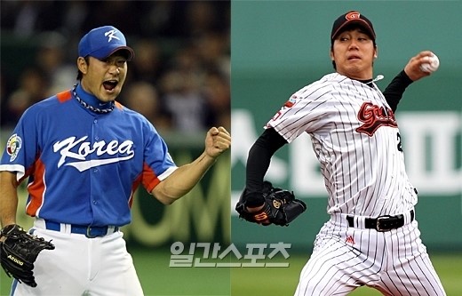 ＷＢＣ韓国代表エントリーで、奉重根（ボン・ジュングン、左）に変わってメンバーに含められた張元準（チャン・ウォンジュン）。