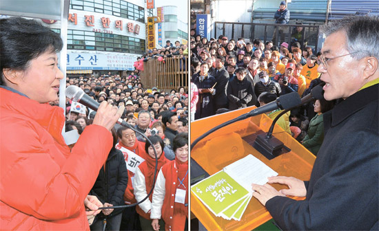 朴槿恵（パク・クネ）セヌリ党候補（写真左）、文在寅（ムン・ジェイン）民主統合党候補。