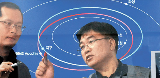 ８日、大田大徳研究開発特区内の韓国天文研究院宇宙監視センターで、研究員が地球に接近中のアポフィスをモニターしている。