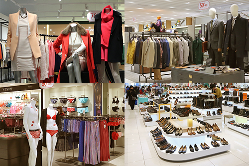 ２～４階の構成で、洋服、靴、バッグ、下着などの多彩な商品が勢ぞろい。デパートにも入店しているブランドが30～70％OFFの価格で手に入ります。