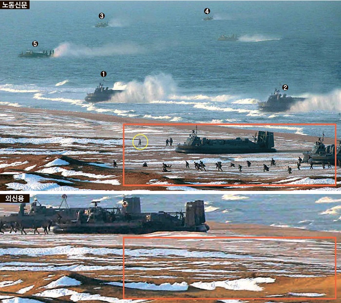 北朝鮮が２６日に労働新聞１面で公開した軍事訓練写真（上）、朝鮮中央通信がロイターを通じて配信した写真（下）