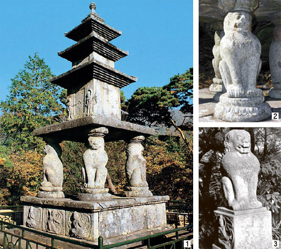全羅南道求礼の華厳寺にある国宝３５号「四獅子三層石塔」(1)は４頭の獅子が塔身部を支えている。このうち西南側の獅子(2)を１９３０年代に日帝が複製・搬出し本物のように東京の英親王邸宅玄関に設置した後、５９年に駐日韓国代表部に返還した石獅子像(3)が最近韓国に帰ってきた。（写真＝文化財庁）