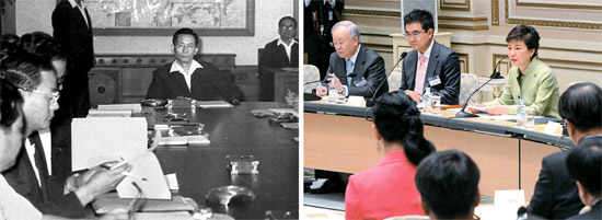 朴槿恵大統領が１日、青瓦台で、父・朴正煕元大統領が愛着を見せていた「輸出振興会議」の後身に相当する「貿易投資振興会議」を主宰した。朴元大統領が１９７９年に死去する直前まで主宰したこの会議を、朴大統領が３４年ぶりに受け継いだのだ。朴大統領が「第２次貿易投資振興会議」に出席し、冒頭発言をしている（右側写真）。左側は、朴元大統領が１９７０年６月に輸出振興会議に出席し、報告を受けている姿だ䊁（青瓦台写真記者団）