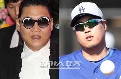 歌手のＰＳＹ（サイ、左）と柳賢振（リュ・ヒョンジン、２６、ＬＡドジャース）。