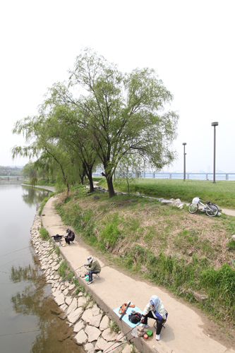 公園の一角では釣りを楽しむ人たちの姿も。５月の強い陽射しに、釣り人たちもしっかり日焼け対策をして、のんびり午後の時間を過ごしています。どんな魚が釣れるのでしょうか。