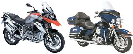 ＢＭＷモトラッドニューＲ１２００　ＧＳ（左）、ハーレーダビッドソン・ウルトラクラシック（ＦＬＨＴＣＵ）（右）。