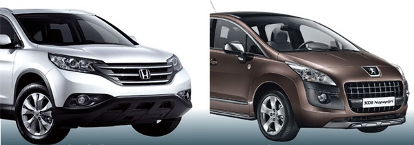 ホンダのＣＲ－Ｖ（写真左）、プジョー３００８。