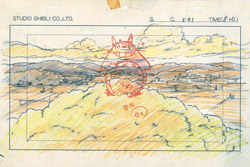 『となりのトトロ』（１９８８）のレイアウト原画。１９５０年代の日本の郊外を背景に広がる、おばけのトトロや黒いほこり（まっくろくろすけ）など童話的な話を自然美あふれる画面で具現化したジブリの傑作だ。（写真＝スタジオジブリ）
