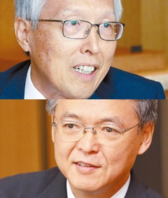 申ガク秀（シン・ガクス）元駐日大使（写真上）と添谷芳秀慶応大学教授。