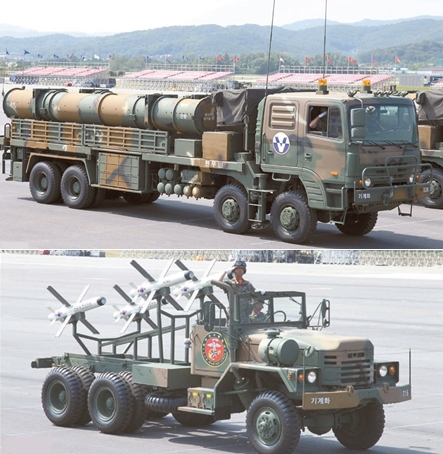 巡航ミサイル「玄武（ヒョンム）III」（上）とイスラエル製誘導ミサイル「スパイク」。