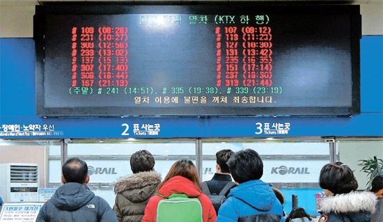 鉄道労組ストライキ１６日目の２４日、釜山（プサン）駅の切符売り場の電光掲示板には運行中止となった列車が掲示されている。この日、ＫＴＸは普段の７３％（１４６本）で縮小運行された。