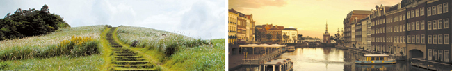 済州オルレを輸入して昨年オープンした平戸市のオルレ（左）。中世のオランダの街を再現した佐世保市のハウステンボス（右）。［写真＝長崎県］