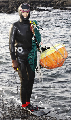 現代的な潜水装備を備えた済州の海女。特有の黒い潜水服と水かきを着用し、左手には作業中に水産物を保管するテワクと呼ばれる浮きを持っている。これらの装備は１９７０年を前後して普及した。（写真＝中央フォト）