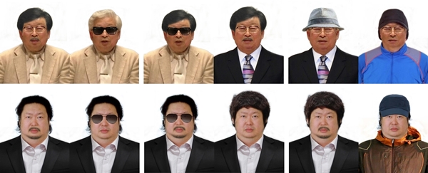 韓国警察庁は２６日、兪炳彦会長（上）と長男のテギュン氏の検挙に役立てようと変装写真を作成して関連部署に配布した。一番左が従来の姿。（写真提供＝警察庁）