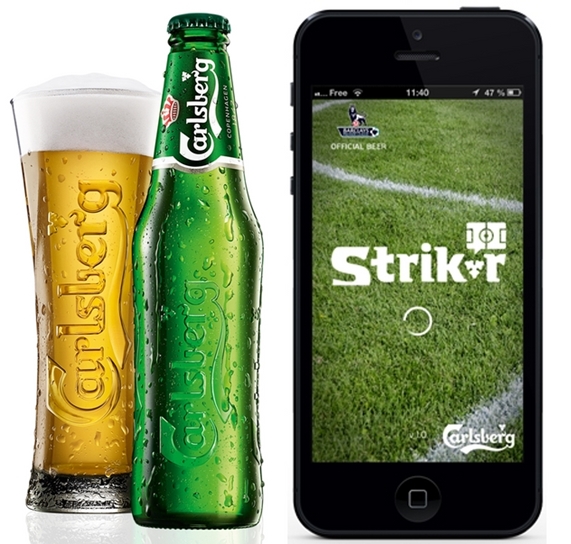 デンマークビールの「カールスバーグ」（左）とプレミアリーグ・アプリ「ストライカー（Ｓｔｒｉｋｒ　Ａｐｐ）」