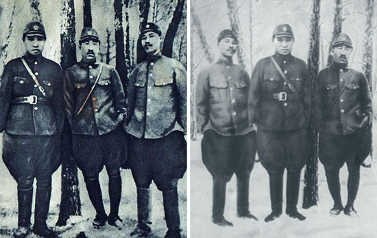 キャプション＝北朝鮮が金日成の「抗日闘争」の証拠とした写真（右）。崔賢〔チェ・ヒョン、崔竜海（チェ・ヨンヘ）労働党秘書の父親〕が中央に位置する左の原本写真から右の安吉（アン・ギル）を左に移して金日成が中央に来るように操作した。（中央フォト）