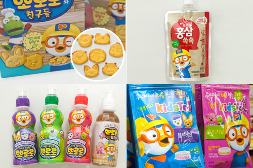 国民的キャラクターのポロロは街のいたるところに登場。特に、子どもたちが大好きなお菓子をはじめ、子ども用の高麗人参ドリンク（写真右上）などさまざまな食品のキャラクターとして活躍しています。カラフルでかわいらしいパッケージはおみやげにもぴったり！