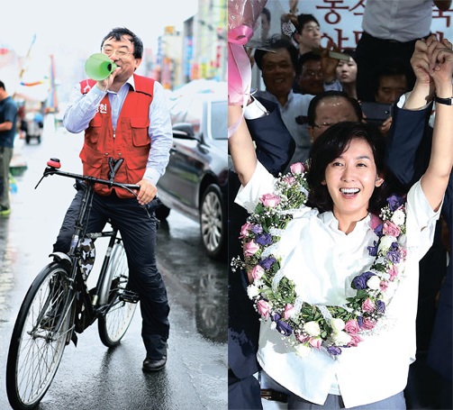 （左）李氏が公式選挙運動初日の今月１７日、順天市内で自転車に乗りながら遊説している。（写真＝李貞鉉候補キャンプ）。（右）ソウル銅雀区で当選したセヌリ党の羅卿ウォン氏が３０日午後、舎堂洞の選挙事務所で当選を喜んでいる。